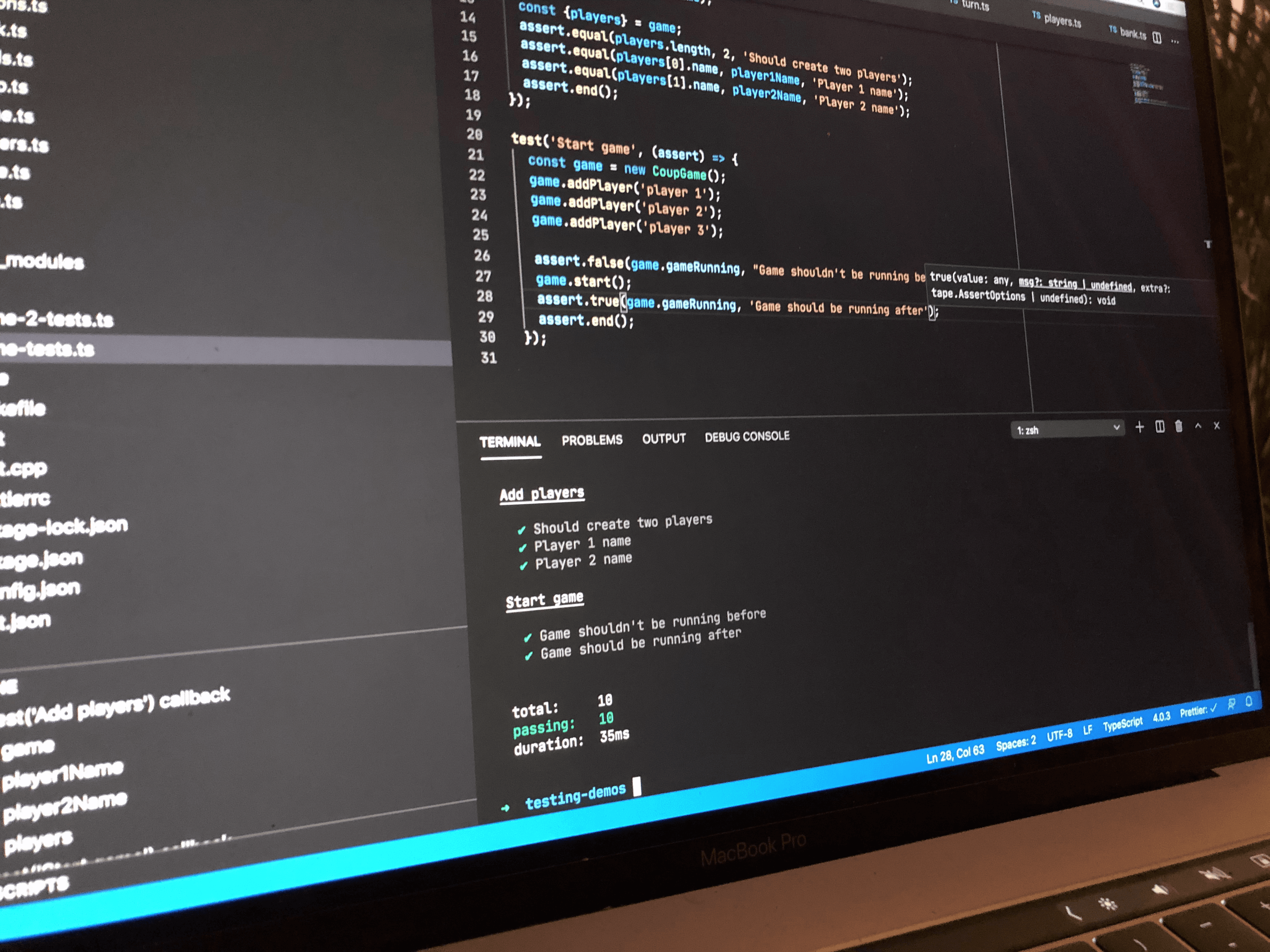Screen with code showing unit tests passing